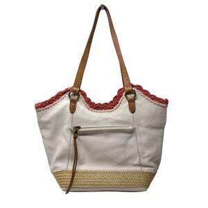 The Sak Espadrille Style Shoulder Bag White Leather Jute Detail Crochet Trim